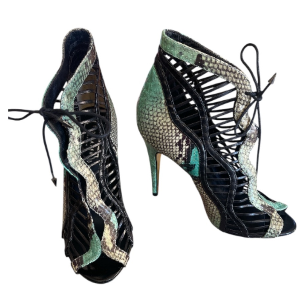 Ted Baker Georgeea Snakeskin Lace Up Open Toe Booties 38 US 7 Leather